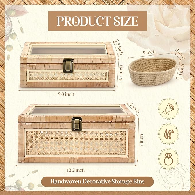 Set of 2 Boho Rattan Decorative Box with Glass Lid Rectangular Woven Cane Stacking Boxes for Display Rustic Farmhouse Storage Basket Bins for Home Decoration