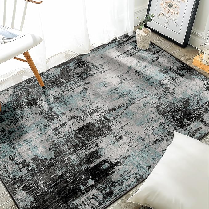 RELEANY Washable Area Rugs 4'x6' Non-Slip Modern Abstract Soft for Living Room Entryway Bedroom Nursery, Print Pattern, Blue Black Teal