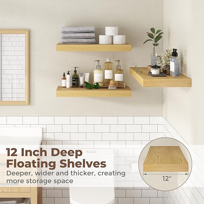 12 Inch Deep Floating Shelves for Wall, 20 x 12 Rustic Wood Grain Bathroom Shelves with Invisible Brackets, Easy Install Wood Storage Shelves for Kitchen, Living Room, Bedroom, Oak, Set of 2