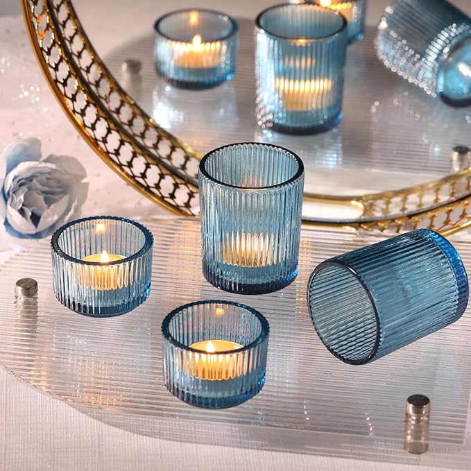 NITIME 10pcs Ribbed Blue Votive Candle Holders, Assorted Tea Light Candle Holder Glass, Blue Candle Holders for Table Centerpiece, Wedding Table Settings and Party Decorations