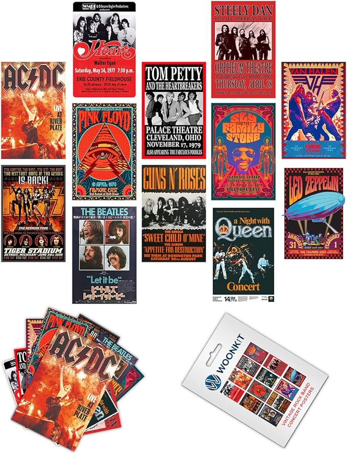 Woonkit Vintage Rock Band Posters for Room Aesthetic, 70s 80s 90s Retro Music Room Wall Bedroom Decor Art, Vintage Rock Concert Poster Wall Collage, Old Music Album Cover Prints (12 SET B, 7.8X11.8 INCH)