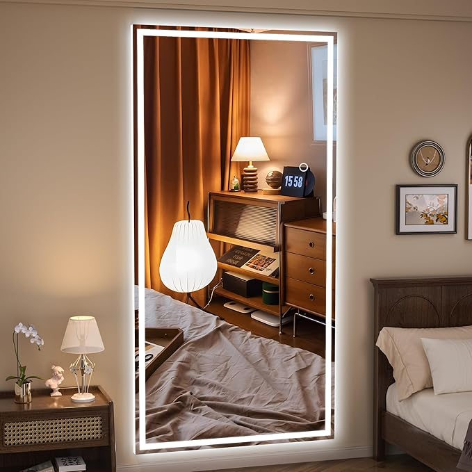 Hasipu Full Length Mirror with Lights, 81" x 34" LED Lighted Floor Standing, Full Body Dressing Hanging Mounted Mirror, Tempered Glass, Square White