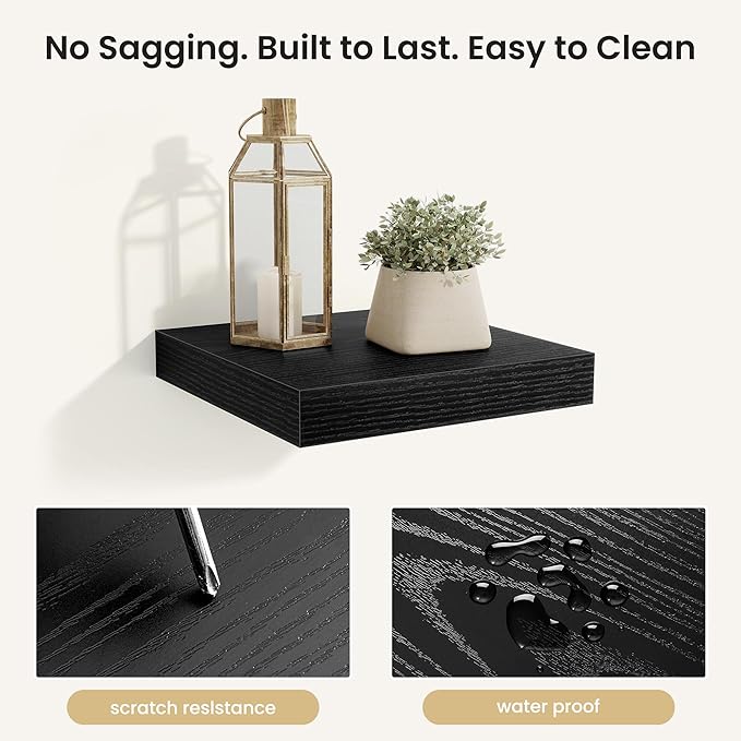 Fun Memories Floating Shelves for Wall, Rustic Wood Wall Mounted Shelves for Bathroom, Bedroom, Living Room & Kitchen, Storage Display Shelves, (Set of 4, Black, 9.3 in)