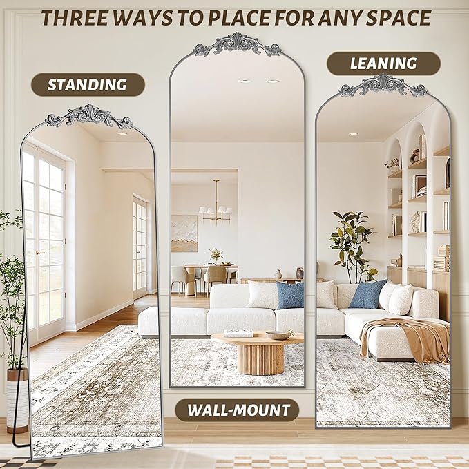 Vintage Full Length Mirror,78"x38" Arched Antique Floor Mirror with Carved Metal Frame,Large Standing Wall Mounted or Leaning Mirror for Bedroom Living Room Entryway,Sliver