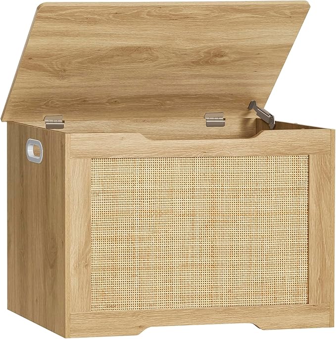 usikey 29.5” Storage Chest, Storage Bench with Storage, Toy Box with 2 Safety Hinges, Toy Chest for Bedroom, Shoe Bench, Supports 220 lb, for Living Room, Entryway, Natural
