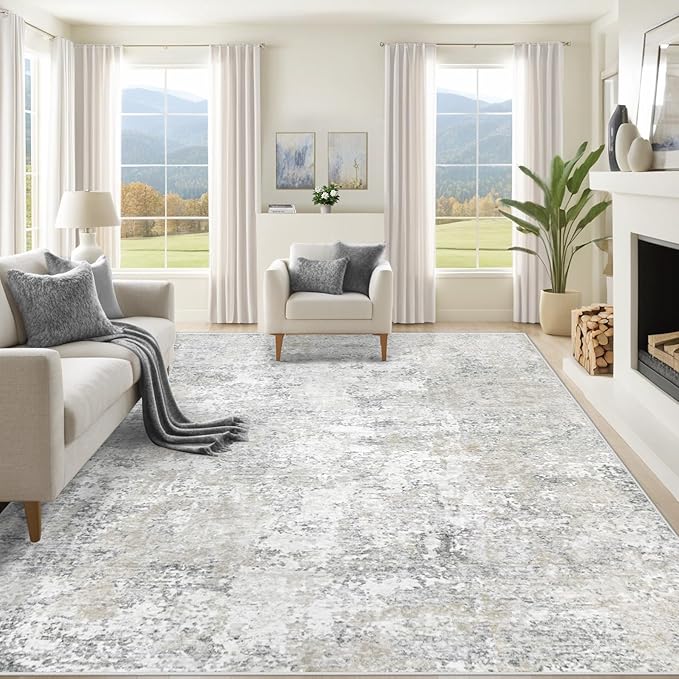 XLUEZ 9x12 Area Rug for Living Room, Washable Modern Abstract Large Area Rug Neutral Soft Non Slip Kids Rug Stain Resistant Indoor Carpet for Bedroom Dining Room Playroom Office(BeigeGrey, 9'x12')