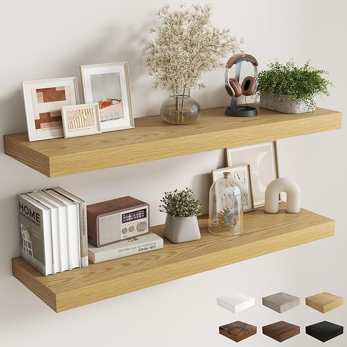 Fun Memories 12 Inch Deep Floating Shelves, 48 x 12 Floating Shelves for Wall Set of 2, Extra Deeper Hanging Wood Wall Shelves for Bedroom, Living Room, Kitchen, Oak