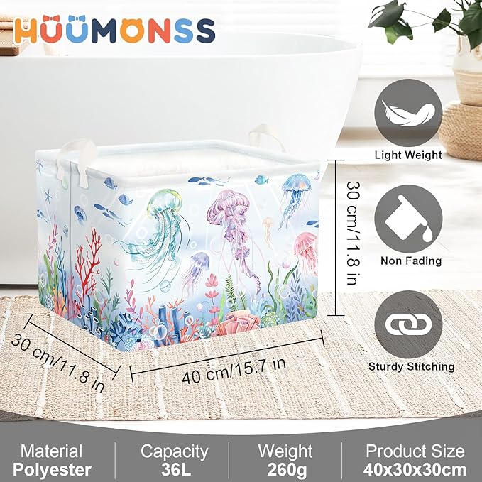 Ocean Animals Baby Laundry Hamper Collapsible Clothes Kids Storage Basket Large Boys Girls Gift Toy Box Bin for Nursery Room, Colorful Jellyfish, 36L