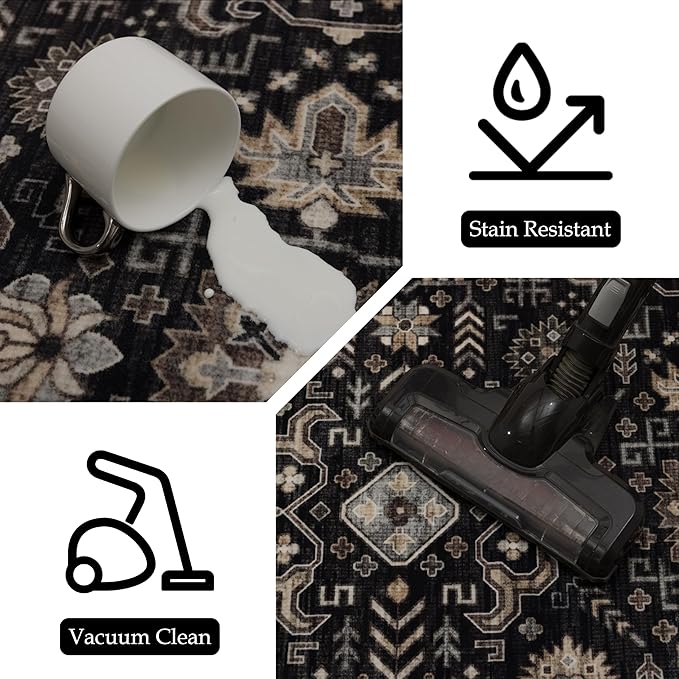 Ruaruarug Area Rug Non Slip Machine Washable Ultra Soft Living Room/Bedroom/Kitchen/Outdoor/Classroom Black Gold, 2'×6'