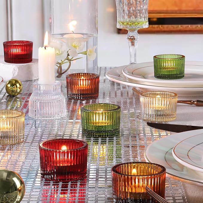 HAVITI 24 Pack Tealight Candle Holders, Multicolor Votive Tea Light Candle Holder Glass for Gold Centerpieces Fall Wedding Table Decor Home Decor