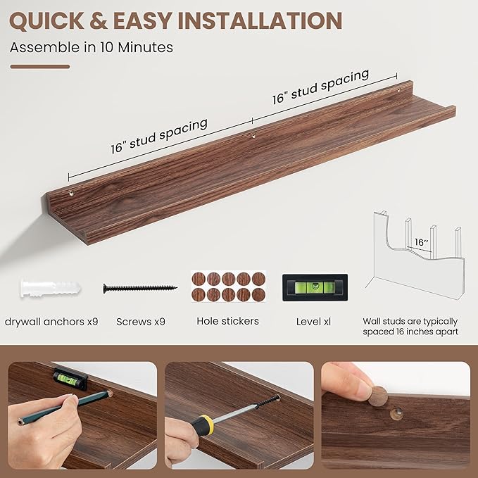 Fun Memories Picture Ledge Shelf, Floating Shelves Set of 4, 36 Inch Picture Shelves for Wall with Ledge, Large Nursery Book Shelf for Toys Storage, Living Room, Bedroom Decor Frames, Walnut