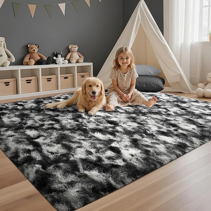 4x6 Area Rugs for Bedroom, Black Plush Fluffy Shaggy Living Room Rugs Non-Slip, Ultra Soft Carpet for Nursery Kids PlayRoom Dorm Office Indoor