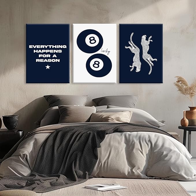 Navy Blue Leopard Wall Art Decor Cheetah Print Room Poster Trendy Preppy Canvas Wall Art Funky Aesthetic Room Decor 8 Ball Lucky Poster Y2k Stylish Artwork for Bedroom 12x16x3 Inch Wrapped Canvas