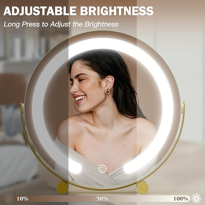 ROLOVE Aesthetic Gold Vanity Mirror with Soft Lights, 12 Inch Standard 1X View, 3-Color Dimmable Tabletop Mirror for Bedroom Decor, 360° Rotation Ambient Light up Mirror