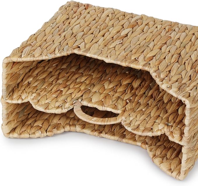 YANGQIHOME Wicker Magazine Holder, Handwoven Water Hyacinth Magazine Basket, Scalloped Book Basket with Handle, Divided Magazine Rack for Office, Bathroom, Living Room