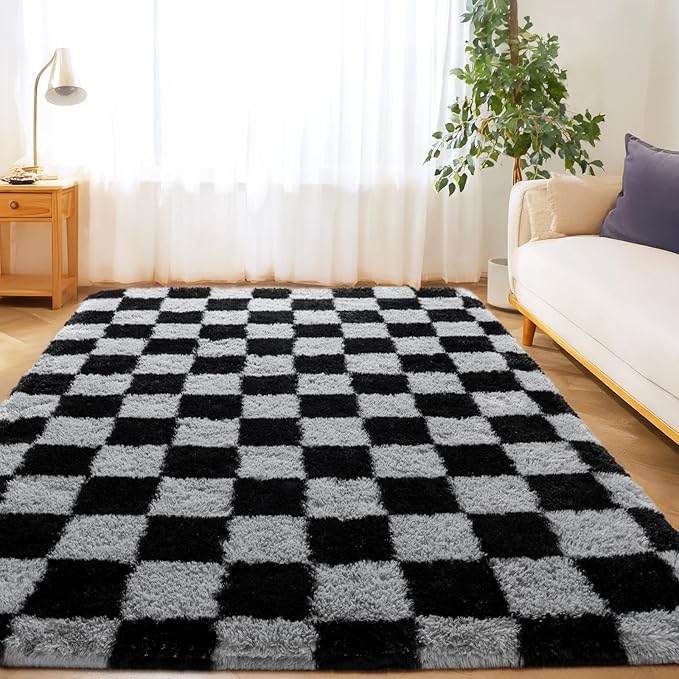 Checkered Rugs for Living Room Bedroom, 5x7 Area Rugs for Living Room, Modern Shaggy Carpets Fuzzy Rug for Boys Girls Dorm Nursery Home Decor Aesthetic, Upgrade Non-Slip Durable, Dark Grey