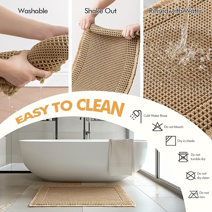 MIULEE Set of 2 Waffle Bathroom Rugs, Boho Bath Rug Super Absorbent, Non Slip Washable Ultra Soft Rubber Backed Shower Bath Mats for Floor, Tub, Shower, Bordered Design, Brown, 17"x24"+18"x30"