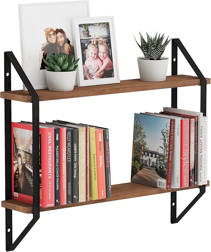 Wallniture Ponza Wood Floating Shelvesf for Wall Storage, 24" Floating Bookshelf, 2 Tier Wall Shelf for Livng Room, Bedroom, Bathroom, Kitchen, Walnut