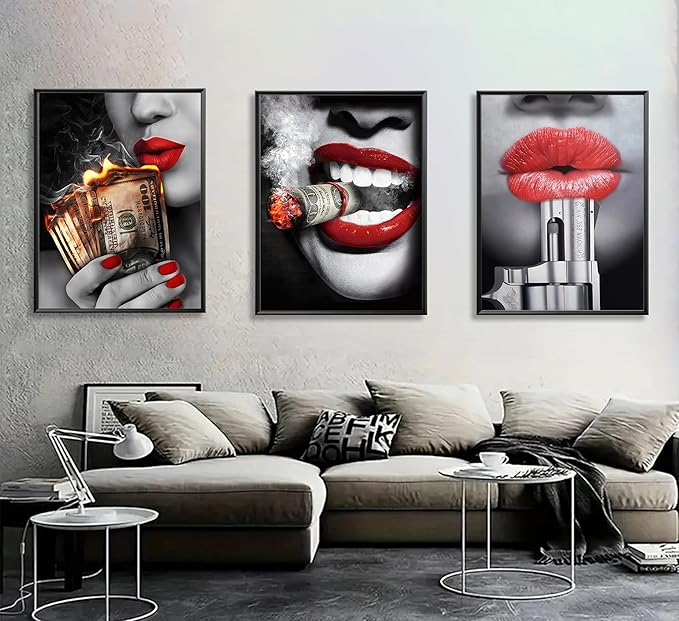 3pcs American Girl Money Wall Art Women Red Lips High Fashion Canvas Prints Posters Trend Black and White Wall Decor Beauty Fashion Abstract Paintings Suitable for Bedroom Living Room Bar Cart Restaurant Wall Decor Unframed