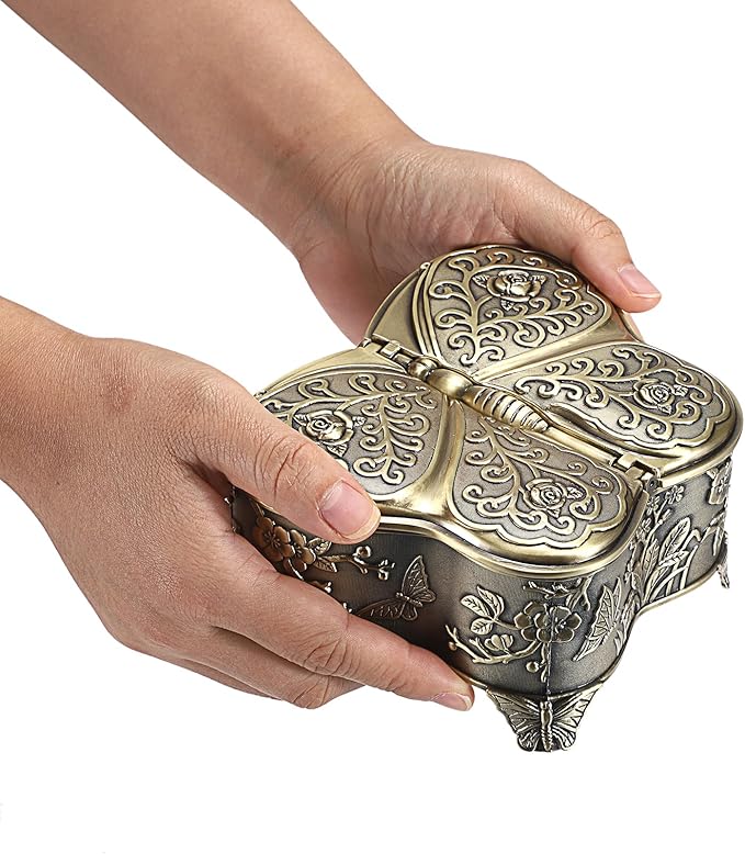 Hipiwe Antique Metal Jewelry Box Butterfly Shape Jewelry Storage Organizer Vintage Trinket Box Treasure Chest for Ring Earrings Necklace Decorative Keepsakes Box, Bronze, Large