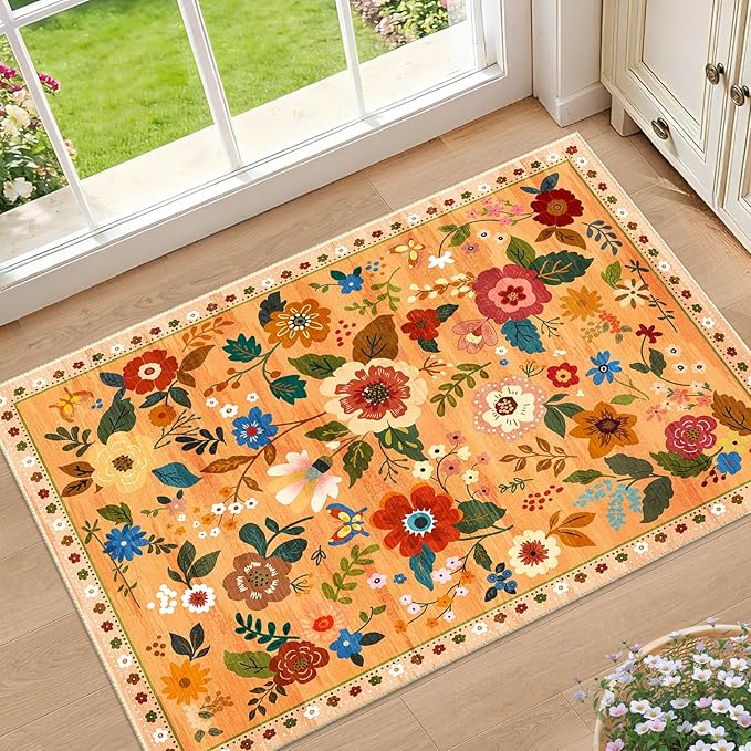 RELEANY Floral Nursery 2x3 Area Rugs Washable Print Boho Cute Carpet Non Slip Flower Low Pile for Living Room Kids Girls Playroom Bedroom Kitchen Office Farmhouse-Yellow/Orange