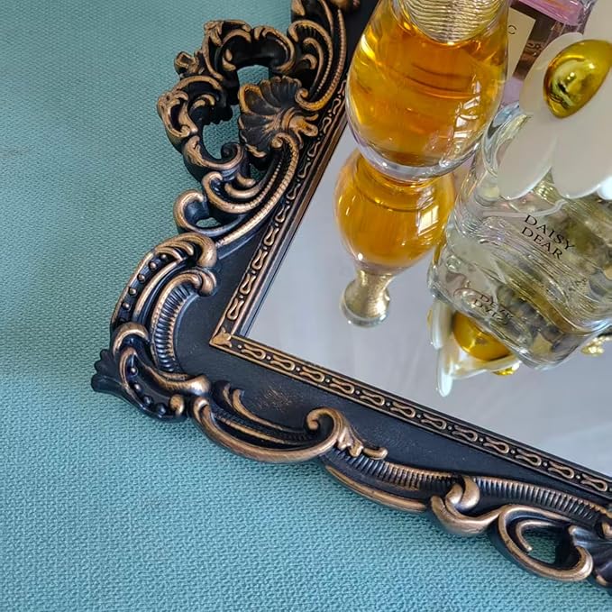 Shell Rectangle Decorative Mirror Tray, French Style, Makeup Organizer, Jewelry Organizer, Serving Tray, 9.3"x 14.9", Black