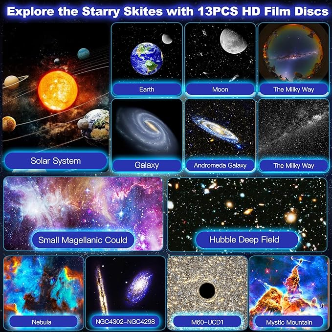 Star Projector Galaxy Light, 13 Film Discs Planetarium Galaxy Projectors for Bedroom,360°Rotating Space Night Light Projector with Timer, HD Ceiling Starry Lighting for Kids' Rooms