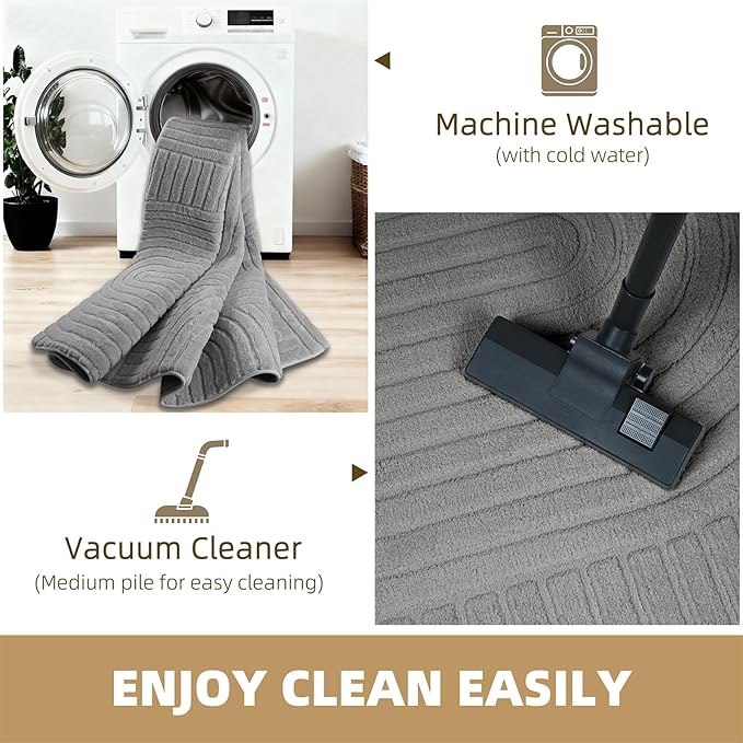 Grey 8x10 Solid Color Area Rugs – Washable Living Room Rug, Modern Geometric Non-Slip Indoor Carpet with Soft High-Low Pile, Fluffy Floor Rugs for Bedroom, Kids Room, Nursery, Home Décor