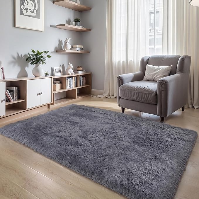 KICHOWUA Thick Area Rug 5x7 Grey Fluffy Shag for Bedroom, Extra Soft Plush Fuzzy Washable Thickened Non-Slip Floor Carpet for Living Room, Cozy Furry Shaggy Rug for Kids Baby Boys Girls Nursery Dorm