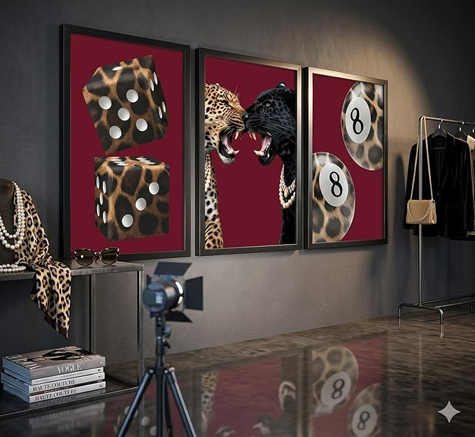 3Pcs Framed Trendy Leopard Canvas Wall Art Funky Lucky 8 Ball Pictures Wall Decor Eclectic Cheetah Preppy Aesthetic Posters Prints Paintings for Bedroom Dorm Living Bathroom Home Decoration