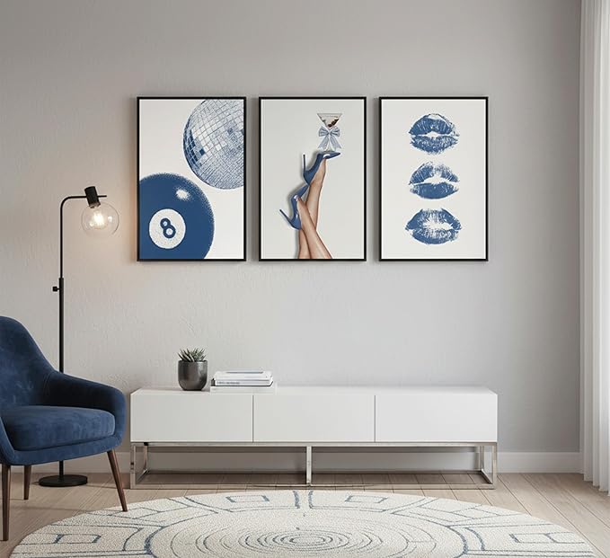 3Pcs Blue Trendy Aesthetic Wall Art, Fashion High-Heeled Shoe Lucky 8 Ball Pictures, Lip Canvas Poster Prints,Y2K Stylish for Girls' Bedroom Dorm Apartment Wall Decor. 24x16in Unframed