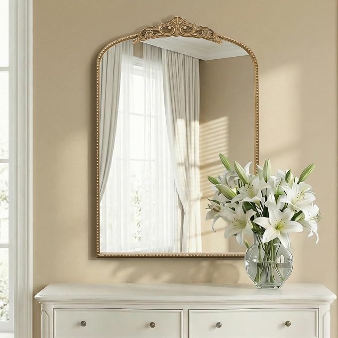 Micasso Ornate Antique Gold Mirror: 24"x 36" French Baroque Arched Mirror - Traditional Vintage Mirrors for Wall/Mantel/Entryway/Bathroom/Hallway - Home Decor for Living Room