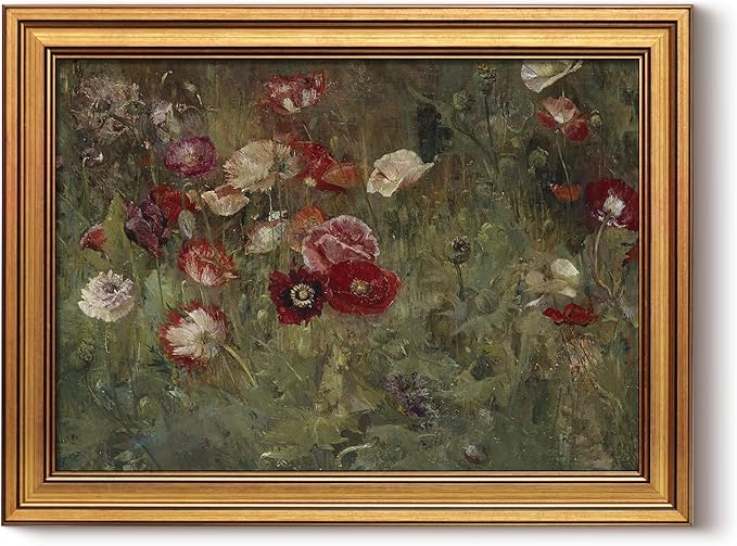 HUARCEY Framed Canvas Wall Art Prints, Bathroom Shelf Vintage Decor Aesthetic, Poppies Floral Paintings Farmhouse Wall Decor, Retro Table Desk Pictures for Bedroom Living Room, 12x16Inch