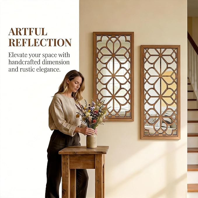 Set of 2 13x30 Inch Large Redbrown Shatterproof Carved Floral Wood Frame Wall Mirrors, Boho Farmhouse Rustic Accent Mirrors for Living Room Bedroom Bathroom & Home Decor