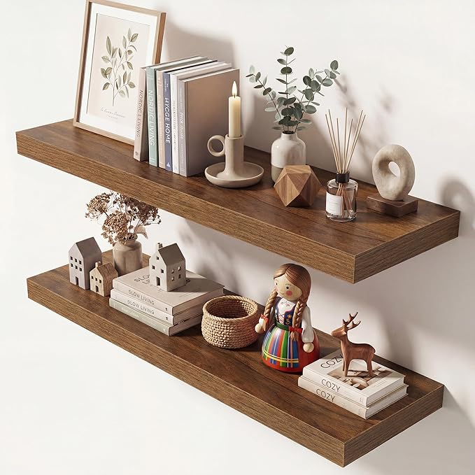 Dreamland 32 Inches Floating Shelves for Wall, 9.3" Deep Long Floating Shelves Set of 2, Large Display & Storage Shelf, Wall Shelf for Bathroom Bedroom Living Room Kitchen Office, Walnut