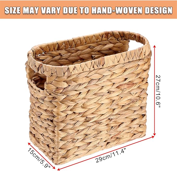 BTSKY Woven Magazine Holder, Water Hyacinth Magazine Basket, Natural Narrow Storage Basket Bin for Books & Files, Magazine Rack with Built-in-Handle for Home, Office & Desk - 11.4x5.9x10.6 Inch