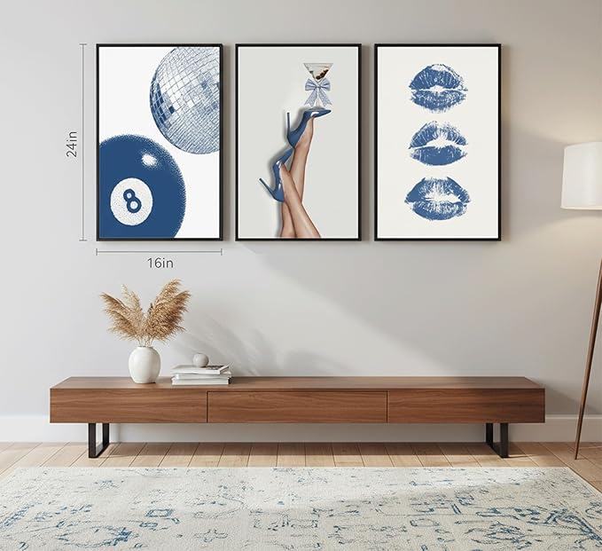 3Pcs Blue Trendy Aesthetic Wall Art, Fashion High-Heeled Shoe Lucky 8 Ball Pictures, Lip Canvas Poster Prints,Y2K Stylish for Girls' Bedroom Dorm Apartment Wall Decor. 24x16in Unframed