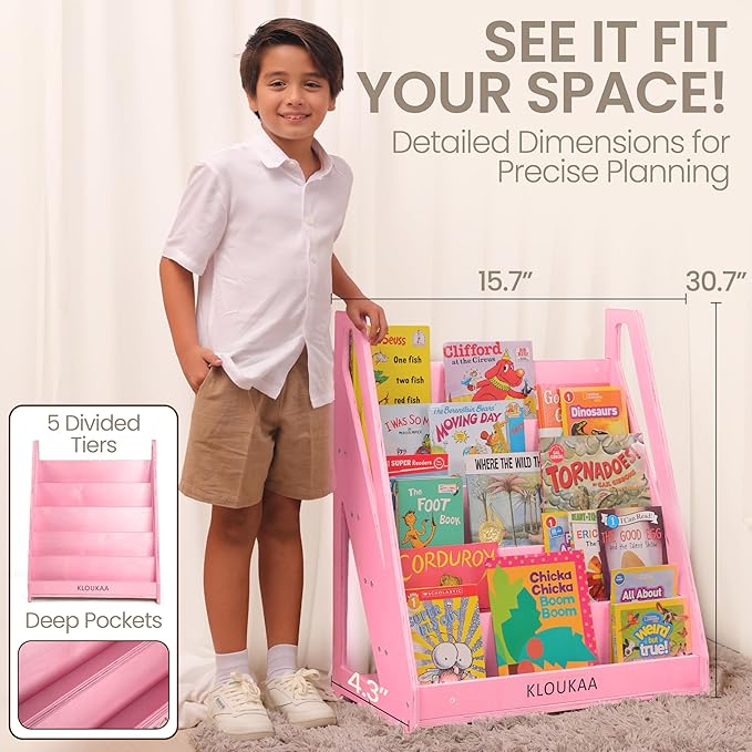 Kids Book Shelf Organizer, Wooden Children’s Bookcase with Front-Facing Storage for Toddlers & Kids (Pink)