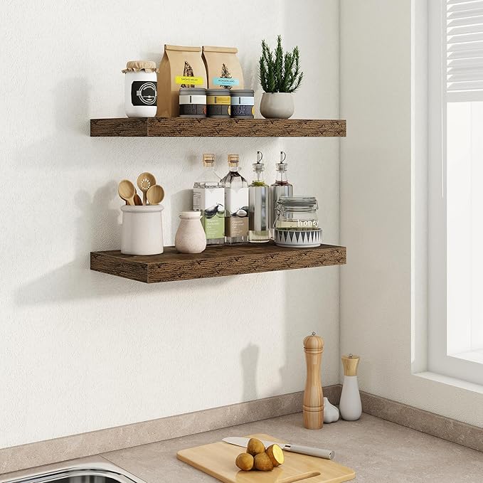 Fun Memories Floating Shelves 24 Inch Long, 9.3 Inch Deep Floating Shelf for Lving Room, Bedoom, Kitchen, Deep Wall Shelves for Bathroom, 2 Pack Storage Display Shelf for Books, Decors, Rustic Brown