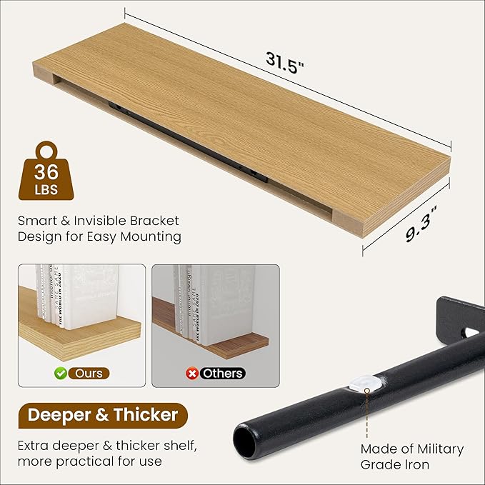 Fun Memories 9.3Inch Deep Floating Shelves for Wall, 32 Inch Rustic Wood Wall Mounted Shelves for Bathroom, Bedroom, Kitchen, Deep Floating Shelf for Storage & Home Decor (Oak, Set of 2)