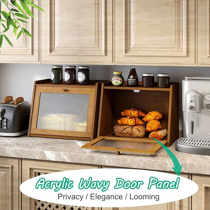 kiplant Large Bread Box for Kitchen Counter, Brown Bamboo Bread Storage Container with Wavy Arcylic Transparent Door, Bamboo Wooden Farmhouse Bread Box for Your House