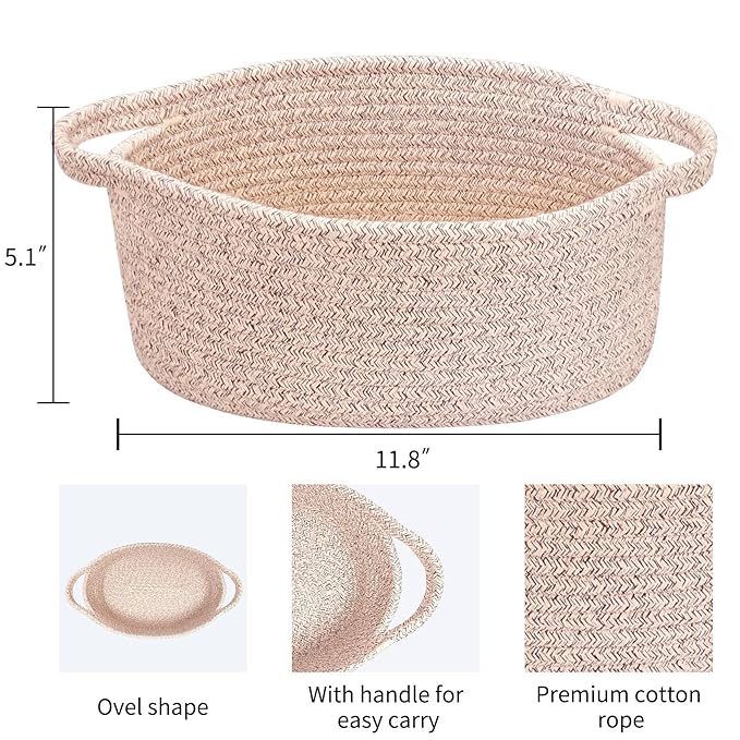 ABenkle Small Basket with Handles, Boho Decorative Rope Woven Dog Cat Toy Storage Bin Shelf Storage Organizer, Easter Christmas Gift Basket, 12"x8"x5"
