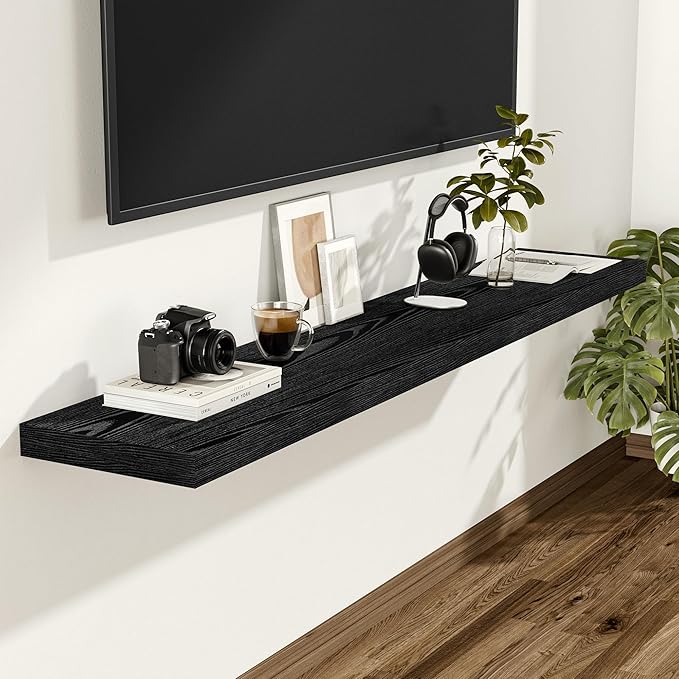 Vivelove Black Floating Shelves 47.2 Inches Wide, 12" Deep Wall Shelves for Bedroom, Bathroom, Living Room, Kitchen, Office, Rustic Home Decor Shelf with Invisible Brackets, 47.2X12X1.5, Set of 2