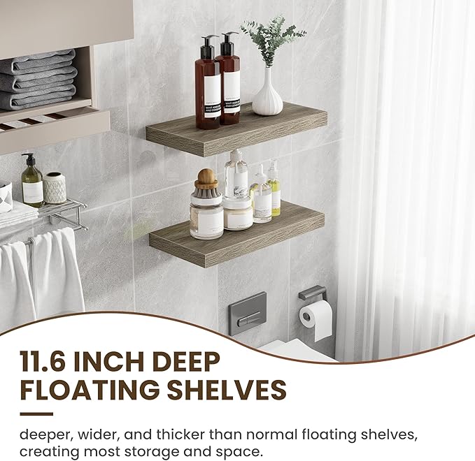 Acovy 24 Inch Floating Shelves, 12 Inch Deep Floating Shelves for Wall, Floating Shelf with Invisible Brackets, Deep Shelves for Bathroom, Bedroom, Living Room, 2 Pack, Vintage Gray Oak