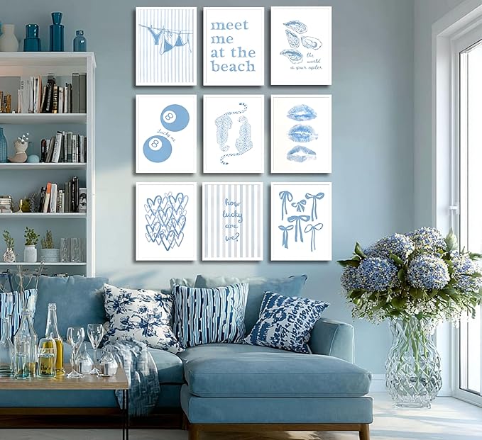 9Pcs Coastal Granddaughter Wall Art Posters Blue Oyster Bikini 8 Ball Leopard Bow Wall Decor Pictures Trendy Preppy Beachy Aesthetic Prints for Girls Dorm Gallery Bedroom Decoration Unframed (8"X10"X9PCS, Blue)