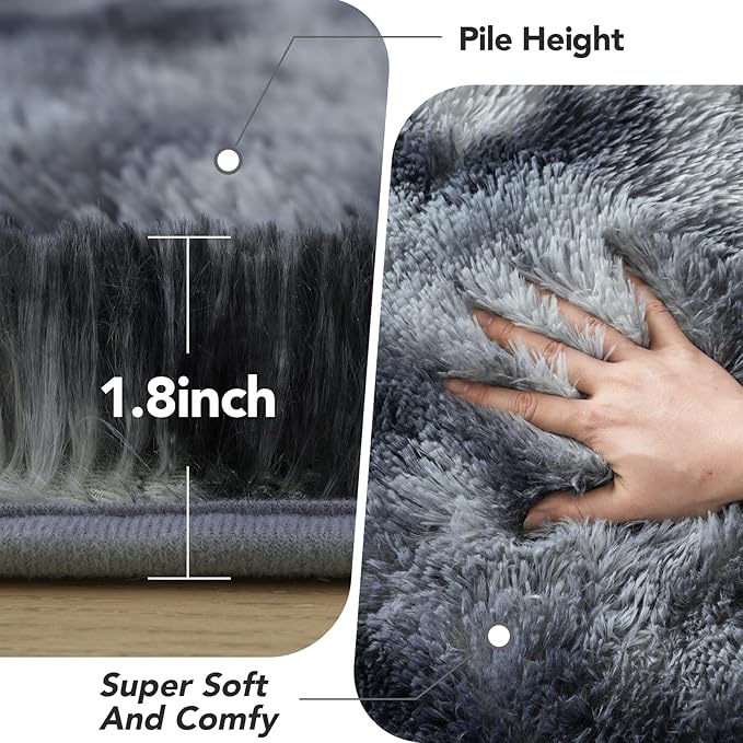 Fluffyrug 5x7 Bedroom Rugs: Shag Rug for Bedroom - Area Rug 5x7 Grey Plush Fuzzy Soft Carpet for Living Room (Tie-Dyed Dark Gray)