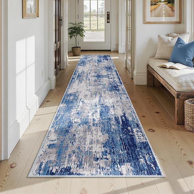 RELEANY Washable Area Rugs 2'6"x14 Non-Slip Modern Abstract Soft for Living Room Entryway Bedroom Nursery, Print Pattern, Blue Grey Navy Gray