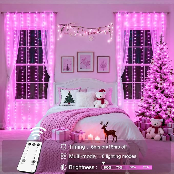JMEXSUSS 300 LED Curtain Lights Plug in with Remote, Pink String Lights for Bedroom, Christmas, Window, Wall, Party, Teen, Girls' Room, Dorm, Valentine's Day Indoor Outdoor Decor, 9.8X9.8ft