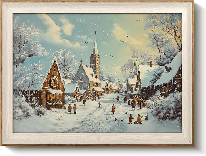 VIYYIEA Winter Framed Wall Art for Living Room, Snow Village Canvas Prints, Oil Painting Home Decor, Christmas Picture, Bathroom Wall Decor Gifts for Friends or Family - 16L x 12W