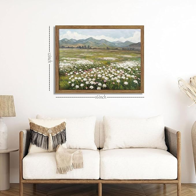 Framed Farmhouse Landscape Wall Art, Modern Country Flower Wall Decor, Vintage Wildflowers Mountain Canvas, Farm House Nature Pictures Print Artwork for Bedroom Living Room – 12x16 inch